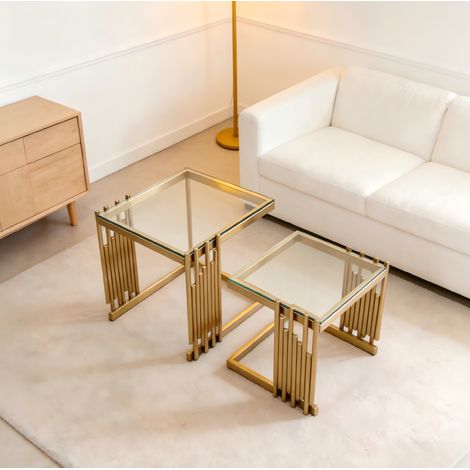 Set di 2 tavolini quadrati oro e trasparente in acciaio inox e vetro temperato, salvaspazio (1/5)