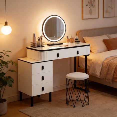 Eleganter und funktionaler Schreibtisch – Schminktisch mit inkludiertem Hocker, integrierter Schublade zur Aufbewahrung, modernes Design für professionelle oder private Räume