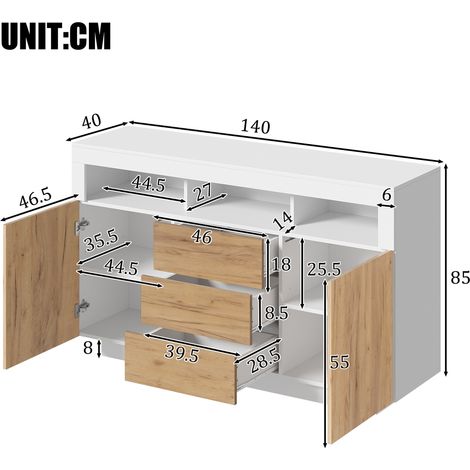 Buffet de style moderne – meuble de rangement à 3 tiroirs et 2 portes, idéal pour le salon, l'entrée ou la cuisine, aspect bois naturel et blanc, dimensions (L/P/H) : 140 × 40 × 85 cm (1/4)