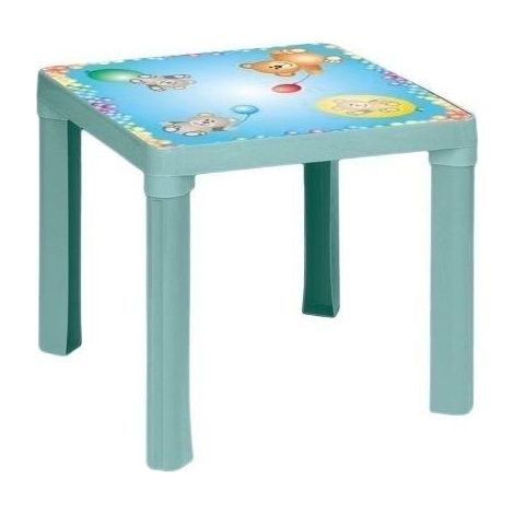 Mesa de plástico, color turquesa pastel.