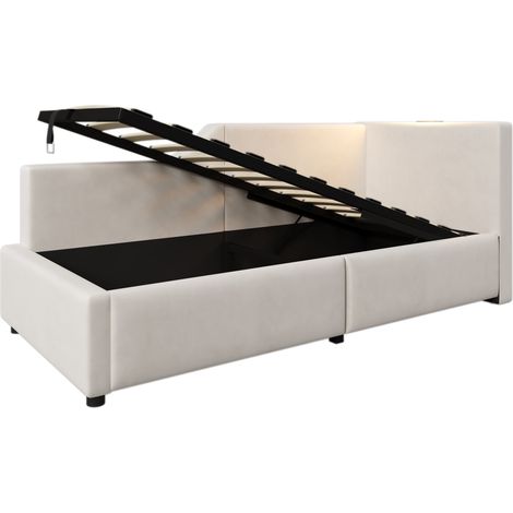 Cama diván 90x200 cm de terciopelo beige con arcón hidráulico, luz y USB-C (1/5)