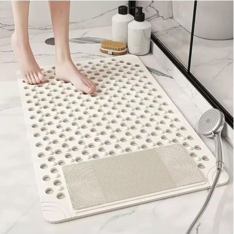 Tapis de Douche Antidérapant 60x90 cm, Tapis de Bain en PVC avec Ventouses et Trous de Drainage, Antimoisissure pour Baignoire et Cabine de Douche, Blanc (1/4)