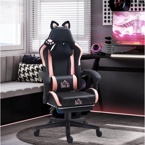 Silla gaming con orejas de gato, reposapiés retráctil y respaldo reclinable 135°, rosa/negro (1/5)