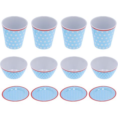 Service de table en mélamine bleu clair à pois, 12 pièces, bols et assiettes pour la maison, le restaurant et la cuisine (1/5)
