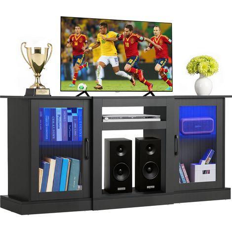 VEVOR Mobiletto Porta TV per Soggiorno Fino a 1651 mm Capacita di Carico di 49,90 kg Tavolo TV in Legno con Barra Luminosa, Ante e Ripiani Regolabili, per Soggiorno Camera da Letto, Nero