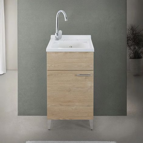 Mobile lavatoio 45x50 cm rovere con vasca in resina e asse lavapanni (1/5)