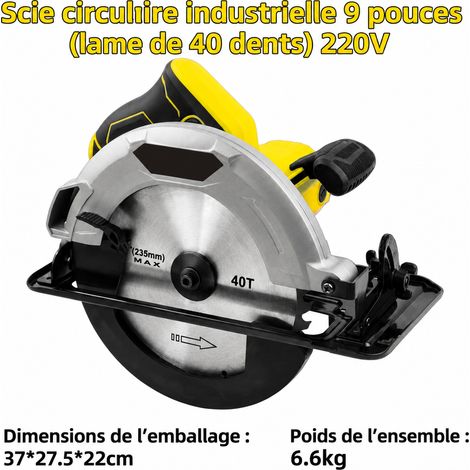 Scie circulaire modèle industriel 9 pouces, lame pour bois, 220V prise UE, 1800 W 235 mm, coupe 85/60 mm, 4500 tr/min, 045°, 25 mm, 38 × 28,5 × 23 cm, 6,8 kg – Livraison gratuite