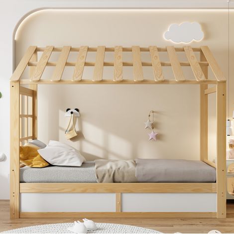 Lit coffre 90x200 cm en bois blanc et effet bois avec rangement hydraulique et niches latérales (1/5)