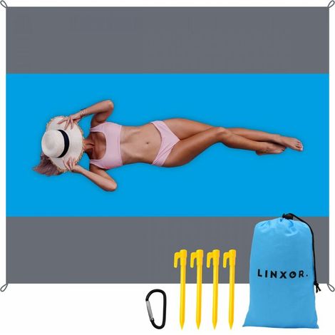 Linxor – Tapis de plage anti-sable imperméable 270 x 240 cm – Polyester léger et durable – Étanche et facile à nettoyer – Inclus 4 piquets