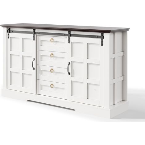 Buffet 150 x 40 x 85 cm avec espace de rangement, portes coulissantes et quatre tiroirs, style maison de campagne vintage avec étagères réglables, adapté à la cuisine, à la salle à manger et au salon