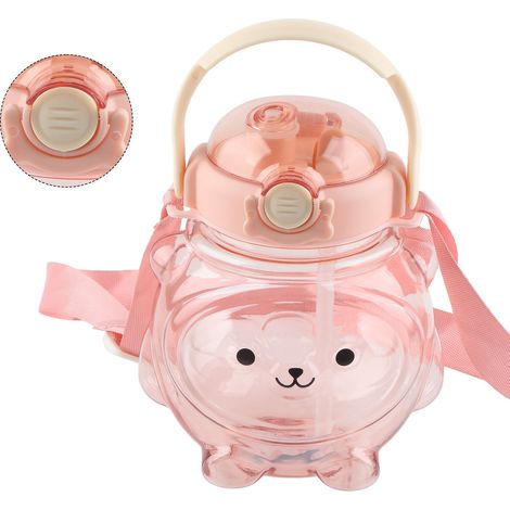 Große, 1000 ml fassende, bärenförmige Wasserflasche mit Strohhalm, rosa, ideal für den Sommer. (1/4)