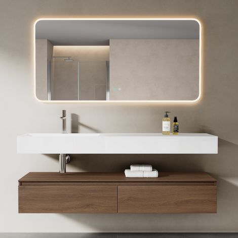 Mai & Mai Meuble de Salle de Bain Marron Ensemble de 3 Pièces Meuble avec Lavabo 150cm et LED Miroir Design Up avec 2 Grands Tiroirs