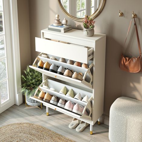 Zapatero estrecho con 1 Cajón y 2 Compartimentos Abatibles, Frente Acanalado, para Entrada, MDF y Tablero, Blanco, 65 × 24 × 104 cm (1/5)