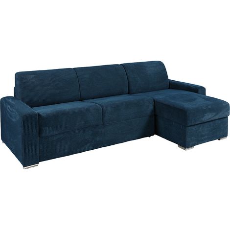 Canapé d'angle réversible convertible express en velours côtelé bleu - Couchage lattes larges 160 cm - Matelas 22 cm avec mémoire de forme - CALITO (1/5)
