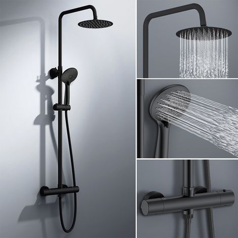 colonna doccia rotonda completo di miscelatore termostatico cilindro, soffione rotondo 20x20cm, nero (1/5)