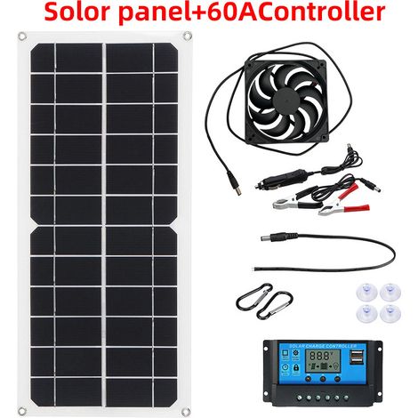 Kit de ventilador solar con controlador fotovoltaico de 10A, 20A, 30A, 40A, 50A o 60A para perreras - Panel solar + controlador de 60A + ventilador