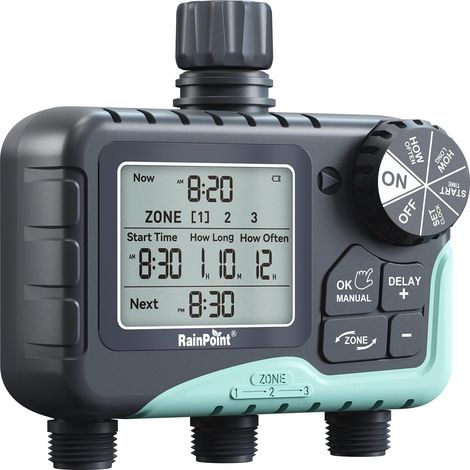 Programmateur Arrosage 3 Sorties, entrée en Laiton, Programmateur d'arrosage Automatique avec Retard De Pluie/Arrosage Manuel/Grand écran LCD, Minuterie D'arrosage pour Jardin, Pelouse,3 Zone Plastic (1/5)