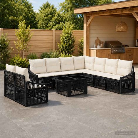 vidaXL Set Divano da Giardino 10 pz Nero e Bianco Crema polyrattan (1/5)