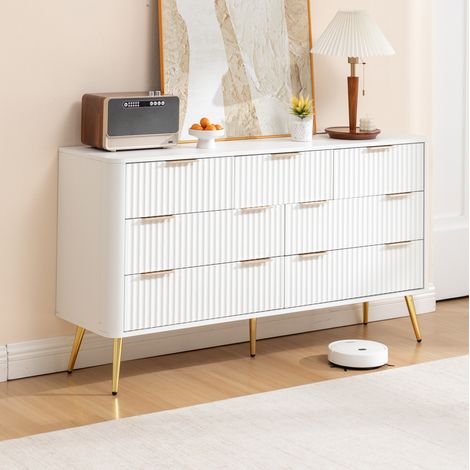 MEUBLIV Commode 7 tiroirs blanche 145x40x80 cm avec fermeture douce et dispositif anti-basculement (1/5)