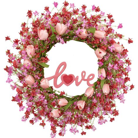 Corona de flores artificiales para decoración primaveral, corona de flores artificiales rosas con tulipanes, bayas y hojas verdes, 50 cm. (1/5)