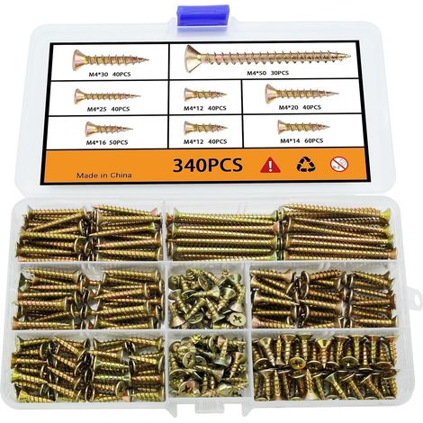 Coffret de 340 vis placo et vis à bois autotaraudeuses, pour plaques de plâtre et ossature bois, tête fraisée cruciforme, acier au carbone zingué bichromaté jaune, classe 4.8, assortiment multi-taille