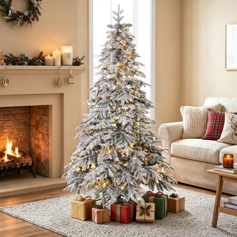 Sapin de Noël Artificiel 180 cm Arbre de Noël Lumineux Enneigé, Branches Articulées, Lumière 350 LEDs, Vert et Blanc (1/5)