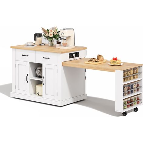 Carro de Cocina con 2 Puertas 2 Cajones Mesa Extensible Enchufes y USB Estantes Ajustables con Ruedas 132x70x90 cm (1/5)