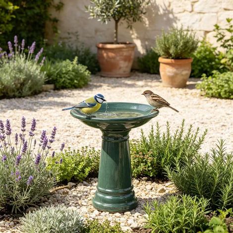 Fontaine à oiseaux en céramique faite à la main (Ø 31,5 cm, hauteur 38 cm), vert foncé brillant avec un vernis lisse et brillant, résistant aux intempéries et au gel, pour jardin, terrasse et balcon (1/5)