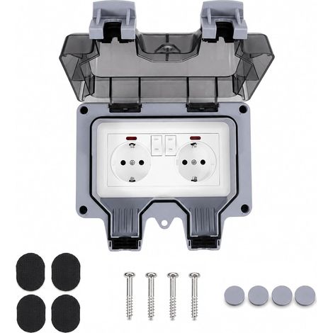 Prise Exterieure Etanche IP66 Double,Prise de Courant avec Interrupteur et Voyant Lumineux,Prise Murale en Saillie avec Volet de Protection pour Jardin,Garage et Salle de Bain+ (Gris) (1/5)