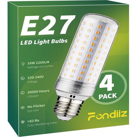 Fondiiz E27 LED Light Bulb Warm White 3000K, 16W 2200LM Powerful Equivalent 200W Halogen, Energy Saving Corn LED Lamp 220-240V, Non-Dimmable, Pack of 4