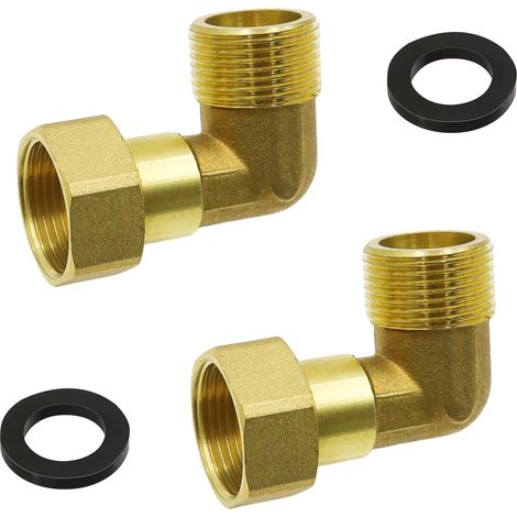 Lot de 2 Coude en laiton 3/4 Pouce 90 Degrés Raccord Union Laiton Filetage Interne et Externe Raccords Mobiles en Laitons avec 2 Joint en Caoutchouc Raccord Plomberie pour Gaz Air Huile L'eau (1/5)