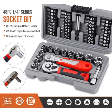 1/4" drive quick-release ratchet and bit set, Cr-V steel with Phillips/slotted screwdriver for automotive repair and hand tools (1/4)