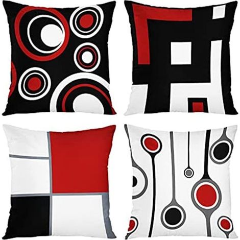 Housse de coussin - YNKKVRE - Lot de 4 - 45x45 cm - Rouge, Noir, Blanc, Gris - Design moderne abstrait (1/4)