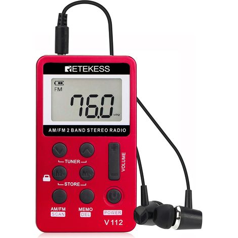 V112 Mini-Tragradio, tragbares Taschenradio, FM AM, wiederaufladbarer Mini-Walkman, Wecker, 3,5-mm-Kopfhöreranschluss, Outdoor, geeignet zum Laufen, Wandern, Camping (rot)