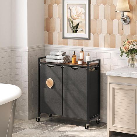 Panier à Linge, Corbeille à Linge Sale, Rangement 2 Compartiments, 2 Sacs en Tissu Oxford Amovibles, Étagère, 2 x 49,5 L, 70 x 30 x 77 cm, Marron Rustique et Noir,HOOBRO,EBF72XY01 (1/5)