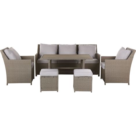 Set da giardino 5 posti in rattan sintetico taupe divano 2 poltrone tavolo 2 pouf cuscini grigi Fonti (1/5)
