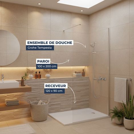 Dusch-Komplettset – Walk-In Duschwand 100x200 Chrom + Grohe Tempesta 3 Strahlarten + Gussmarmor-Duschwanne Weiß 120x90