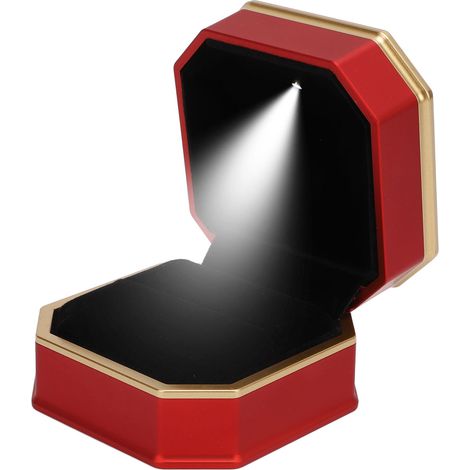 Boîte à bague avec éclairage LED, intérieur floqué de luxe, coffret cadeau pour demande en mariage, fiançailles ou mariage, rouge (1/5)