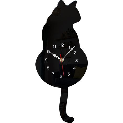 Horloge murale à motif chat noir avec pendule, mouvement à quartz silencieux, design moderne, 42 x 18 cm (1/5)