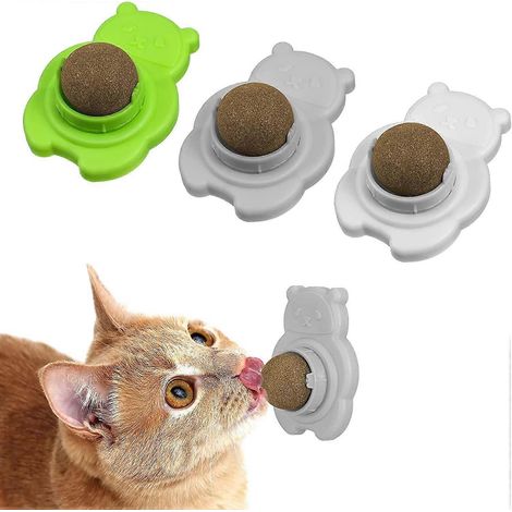 Lot de 3 balles à herbe à chat murales, balle à herbe à chat naturelle rotative à 360°, jouet à l'herbe à chat, jouet comestible pour le nettoyage des dents des chats (Ours) (1/5)