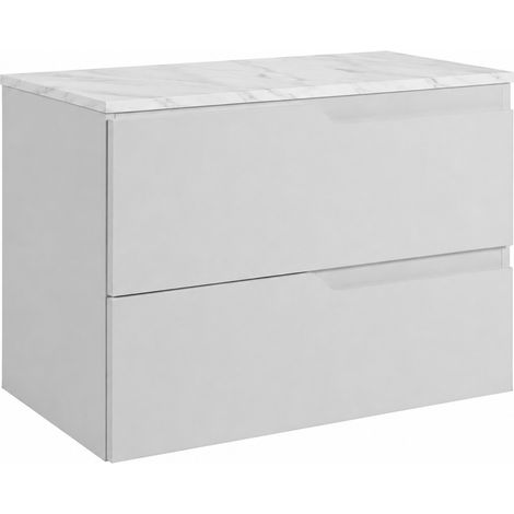 Meuble de salle de bain suspendu 80 cm à tiroirs, coloris blanc + plan de travail marbre Bianco, 80 x 46 x 58,6 cm (1/5)