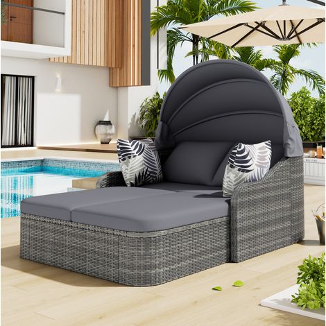 Garten-Sonneninsel aus PE-Rattan und Metall in Grau, 203 x 120 x 126 cm, mit verstellbarem Baldachin und neigbarer Rückenlehne (1/5)