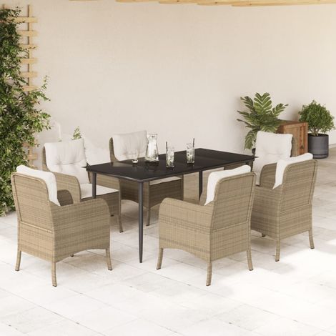 7-tlg. Garten-Essgruppe mit Kissen Beige Poly Rattan - Gartentisch - Gartenstuhl (1/5)