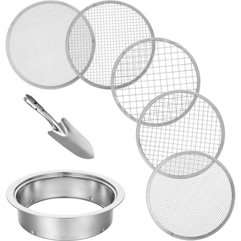 Ensemble de tamis à sol avec cinq tailles de tamis interchangeables (24 cm de diamètre, 1/3/6/9/12 mm) adapté au jardinage, comprend une pelle. (1/5)
