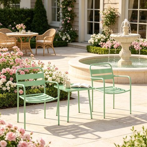 Salon de jardin contemporain, groupe d’assise extérieur avec deux fauteuils à accoudoirs et table carrée, ensemble lounge compact livré avec 2 chaises et 1 table (1/4)