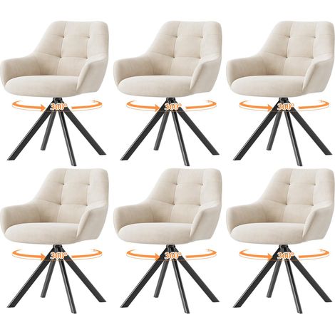 Lot de 6 Chaises de Salle à Manger Pivotantes à 360°, Chaises avec Accoudoirs en Tissu Moelleux et Piètement Métal, Chaises Confortables Pivotantes avec Dossier pour Cuisine, Beige (1/5)