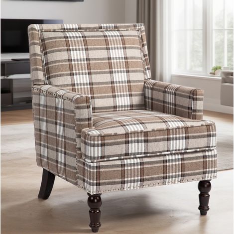 Poltrona vintage in tessuto lino marrone e bianco con schienale alto e piedi in legno HAVRYA (1/5)