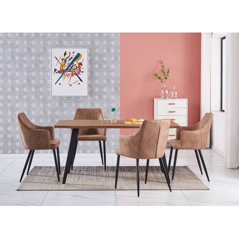 Rocco LUX Zarah - Mesa de comedor de madera de roble y juego de 4 sillas de comedor de cuero beige - Comedor Cocina (1/5)