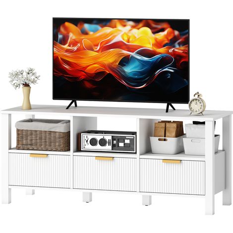 Meuble TV 3 caissons 3 prises 43-55 pouces blanc 120 x 39,5 x 50 cm