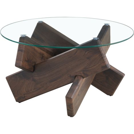 CHICFURN Mesa de centro redonda 79 cm MDF efecto nogal y cristal transparente (1/5)